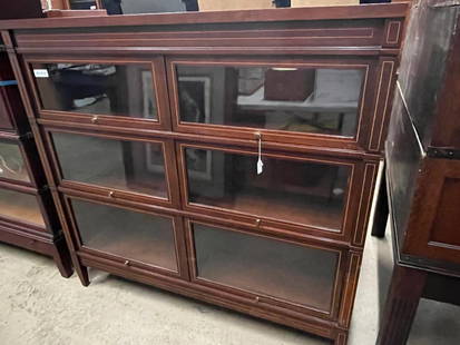 Mahogany Double Barrister Bookcase: 3 Stack Mahogany Double Barrister Bookcase with inlay. Approx. 50.5 high x 52 wide x 11.5 deep, inches.