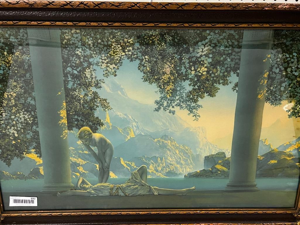Maxfield Parrish - Daybreak: Maxfield Parrish - Daybreak. Approx. 17 x 29.5 inches. Frame approx. 21 x 33.5 inches.
