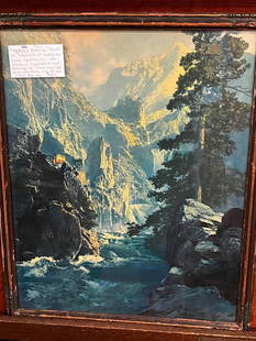 Maxfield Parrish Spirit of Transportation Poster: Maxfield Parrish Spirit of Transportation Poster. Poster for Clark Equipment Co. with trucks in the mountains. Frame approx. 17.5 x 22 inches.