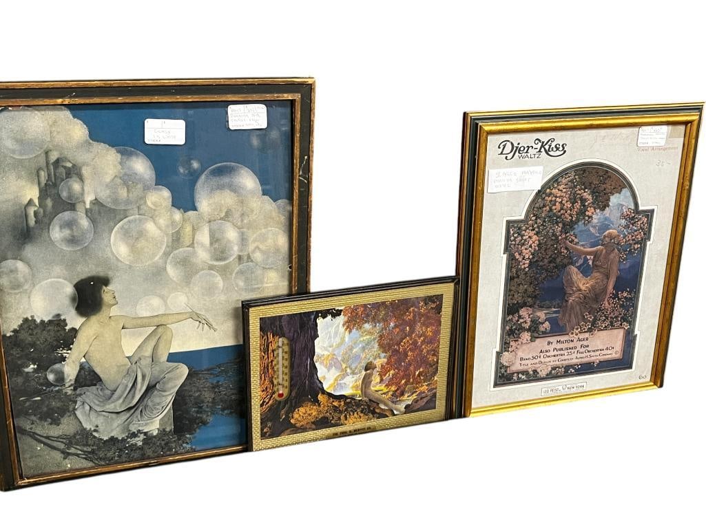 Maxfield Parrish Print, Sheet Music and Thermometer: Maxfield Parrish Print, Sheet Music and Thermometer. Print approx. 13 x 17 inches with frame.