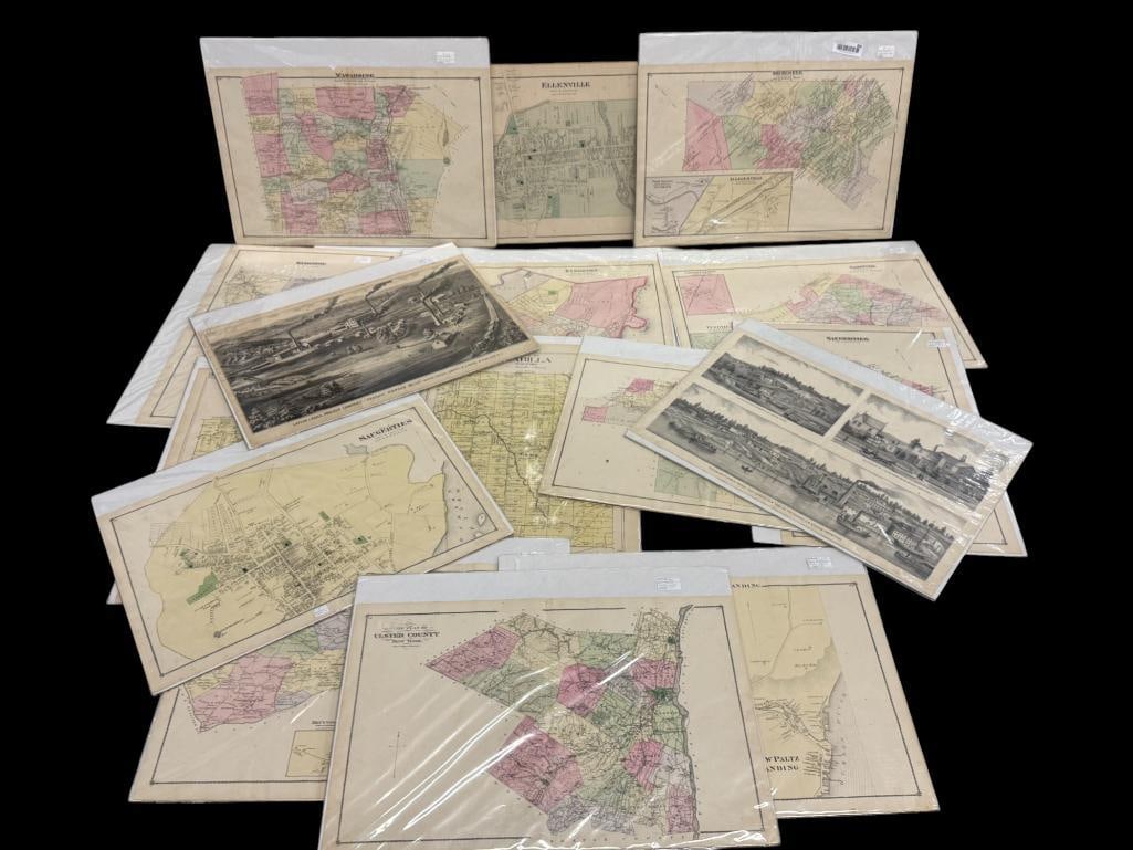 Late 1800's Early 1900's Maps of NY Towns, City's etc.: 15 Late 1800's Early 1900's Maps of NY Towns, City's etc And Prints. Various sizes. Including Ellenville, Saugerties, Ulster County, Shandaken, Gardiner, Boston, Marilla, Wawarsing, Kingston, Highland