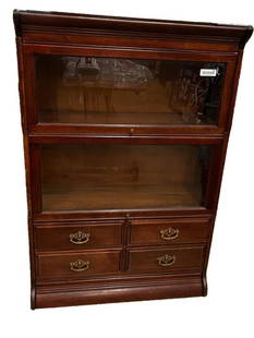 Mahogany 3 Section Barrister Bookcase: Mahogany 3 Section Barrister Bookcase with 4 Drawers. Approx. 51h x 34w x 14d inches.