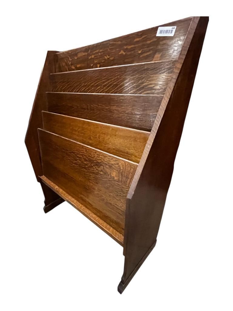 Oak Newspaper Magazine Rack: Oak Newspaper Magazine Rack. Approx. 48 high x 35 wide x 15 deep, inches.