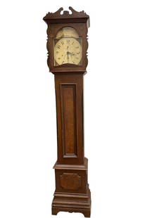Silas Hoadley Grandfather Clock: Silas Hoadley Plymouth Grandfather Clock with wooden works and Grain Painted case. Approx. 87 high x 16 wide x 10 deep, inches.