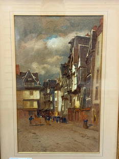 Watercolor attributed to Raphael Beck: Watercolor of a French Village Street attributed to Raphael Beck. Approx. 9.5 x 15.75 inches. Frame approx. 16 x 22 inches.