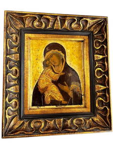Madonna with Child oil on wood: Madonna with Child, Russian Icon oil on wood. Our Lady of Vladimir, Russian School. Possibly 17th century. Approx. 7 x 9 inches. Frame approx. 13 x 15 inches.