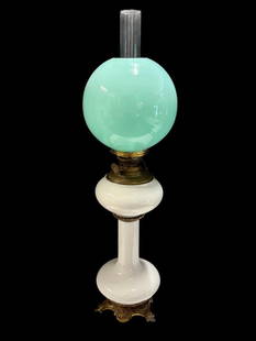 Alfred Koghn Early Oil Lamp with Uranium Glass shade: Alfred Koghn Early Oil Lampwith Uranium glass shade. Approx. 35 x 10 x 10 inches.