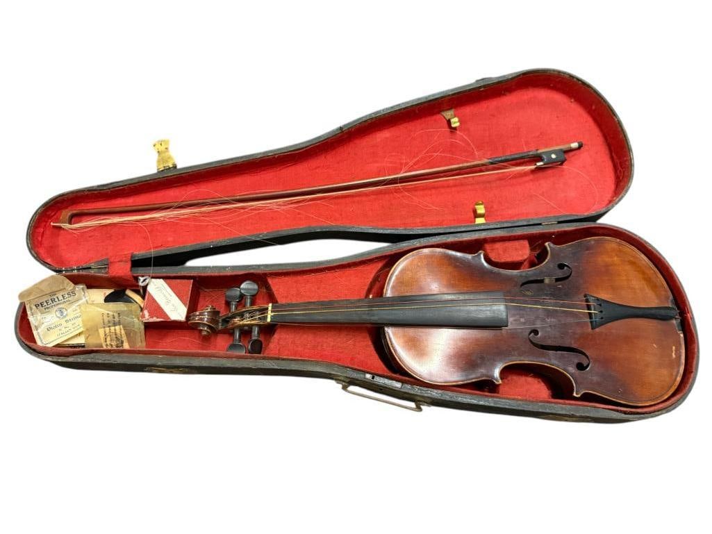 Antique Violin with Mother of Pearl inlaid Bow: Antique Violin with Mother of Pearl inlaid Bow.
