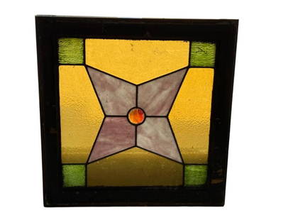 Vintage Stained Glass Window: Vintage Stained Glass Window. Approx. 18 x 18 inches. Frame approx. 22 x 22 inches.
