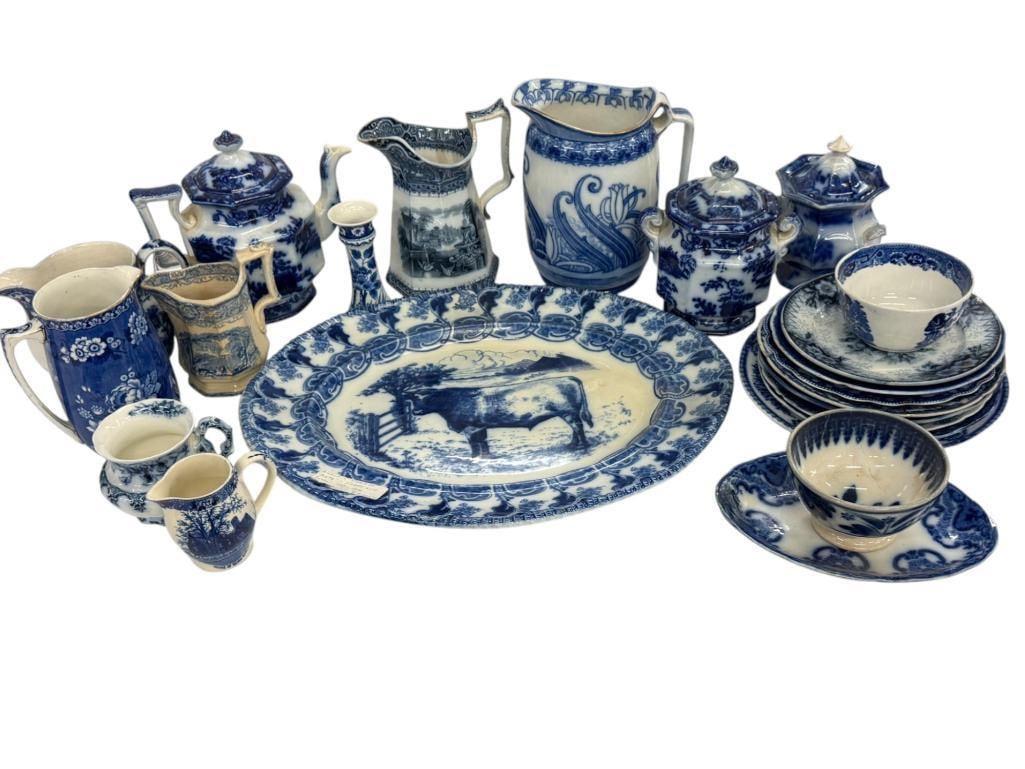 Flow Blue Platter, Pitchers, Plates etc (1 of 10)