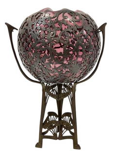 Silver Overlay Vase with Art Deco Stand: Silver Overlay Vase with Art Deco Stand. Approx. 12 x 8 x 8 inches.