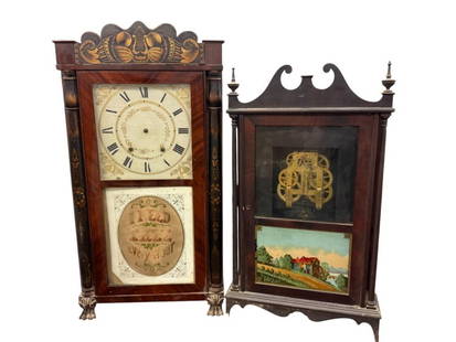 2 Clocks one with reverse painted glass: 2 Cabinet Clocks, one with reverse painted glass. Approx. 17 x 32 inches.