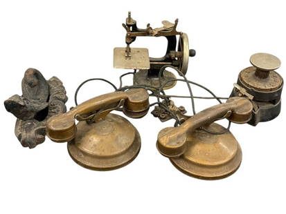 Singer Sewing Machine, Koi Door Knocker etc: Singer Hand Crank Sewing Machine, Koi Fish Door Knocker, Serv-Y-Tone Phones and Check Perforating Machine. 5 pieces.
