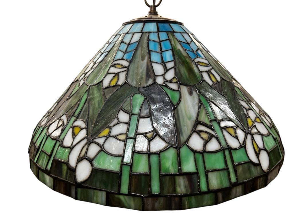 Leaded Glass Hanging Light Shade with Floral Designs (1 of 4)