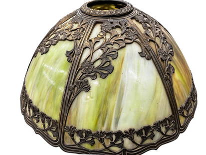 Slag Glass Lamp Shade with Metal Overlay: Slag Glass Lamp Shade with Metal Overlay. Approx. 8 x 17 inches.
