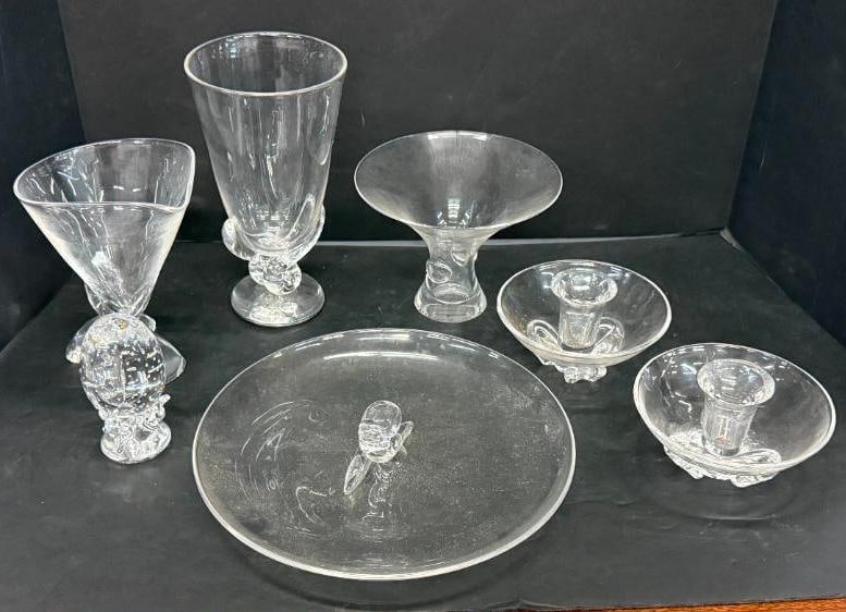 Steuben Art Glass Vases, Paper Weight etc: Steuben Art Glass Vases, Paperweight, Candle Holders etc. 7 pieces.