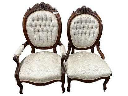 2 Carved Walnut Victorian Chairs: 2 Carved Walnut Victorian Chairs. Approx. 43 x 26 x 22 inches.