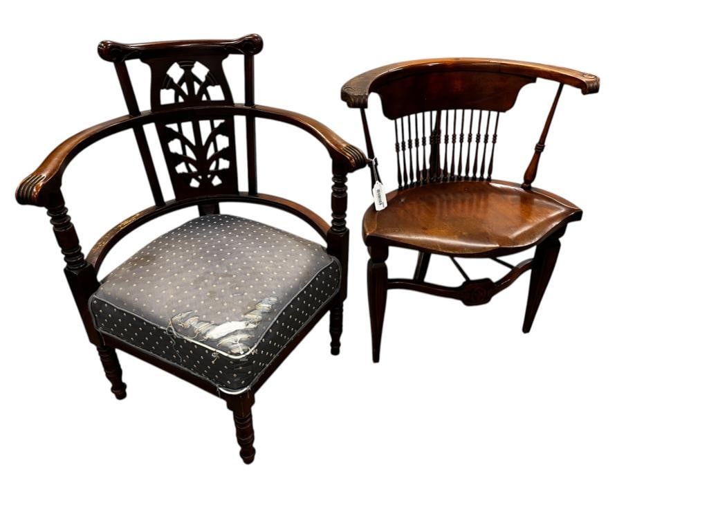 2 Vintage Corner Chairs: 2 Vintage Corner Chairs. One with 3 legs and cross design, partial Michigan Chairs label. Cross chair approx. 29 x 26 x 18 inches.