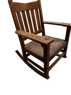 Gustav Stickley Mission Oak Rocker: Gustav Stickley - Red Stamp Mission Oak Rocker. Approx. 34 high x 26 wide x 28 deep, inches.