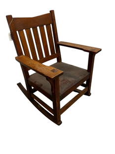 Gustav Stickley Mission Oak Rocker: Gustav Stickley - Red Stamp Mission Oak Rocker. Approx. 34 high x 26 wide x 28 deep, inches.