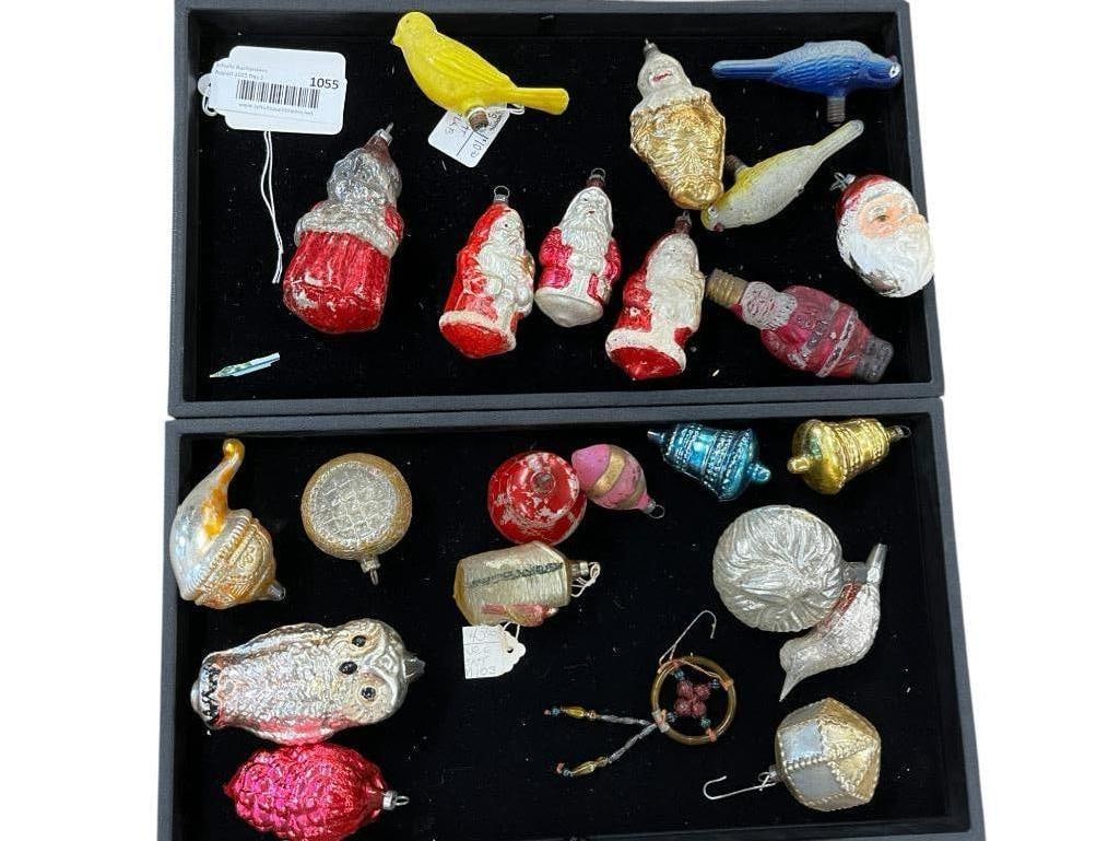 Antique Christmas Ornaments: Antique Christmas Ornaments including Birds, Santa and more. 22 pieces.