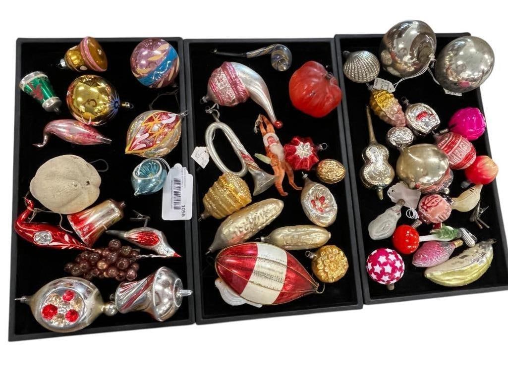 Antique Christmas Ornaments: Antique Christmas Ornaments. Including Bells, Frog, Birds and more. Approx. 45 pieces.