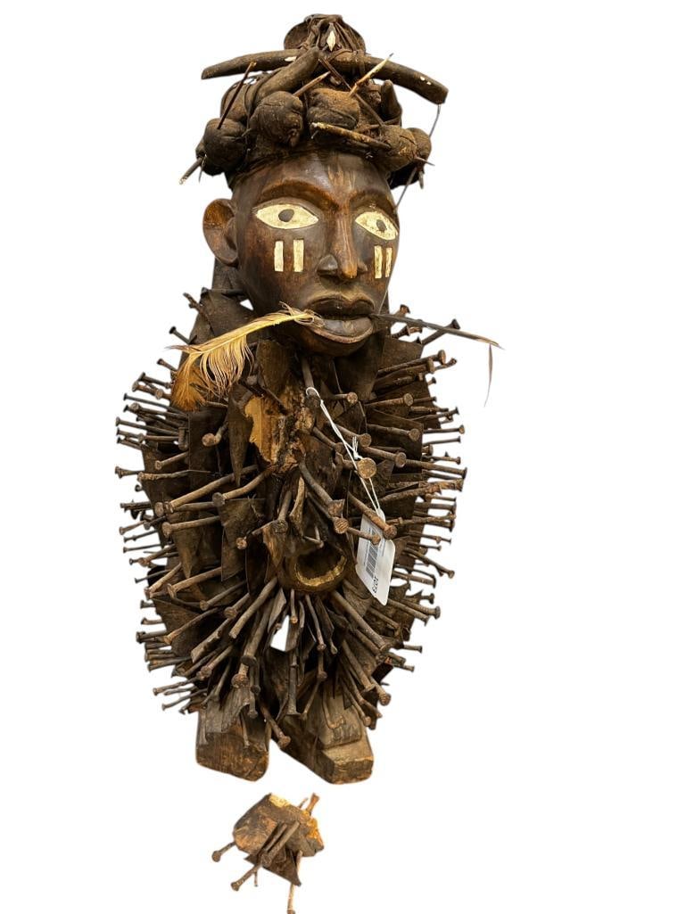 African Nkondi Nail Fetisch Statue: African Nkondi Nail Fetisch Statue. Approx. 24 x 9 x 12 inches.