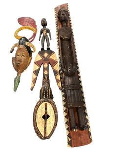 2 African Carved Wood Masks and Statue: 2 African Carved Wood Masks and Statue. Large mask approx. 10 x 44 inches.