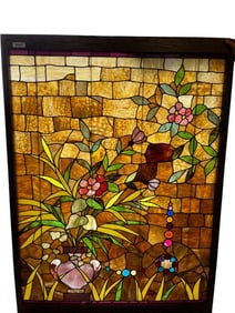Leaded Glass Window with Flowers and Jewels