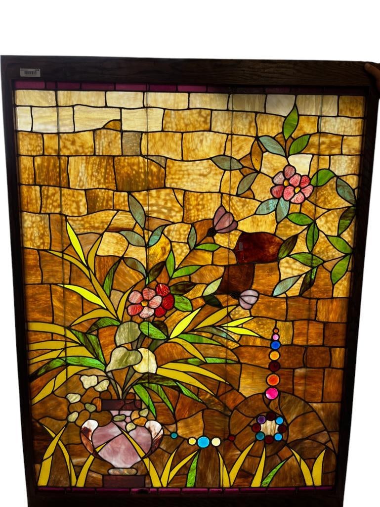 Leaded Glass Window with Flowers and Jewels: Leaded Glass Window with Flowers and Jewels. Approx. 51 x 70 inches.