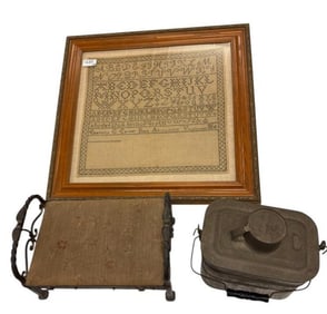 Framed Sampler, Doll Bed and Lunchbox