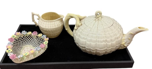 Belleek Tridacna Teapot, Creamer and Heart Basket