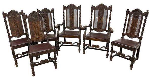 Oak Jacobean Style Chairs: Oak Jacobean Style Chairs. 7 Chairs. Approx. 47 x 26 x 20 inches.