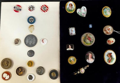13 Miniature Paintings on Porcelain pins / Brooches