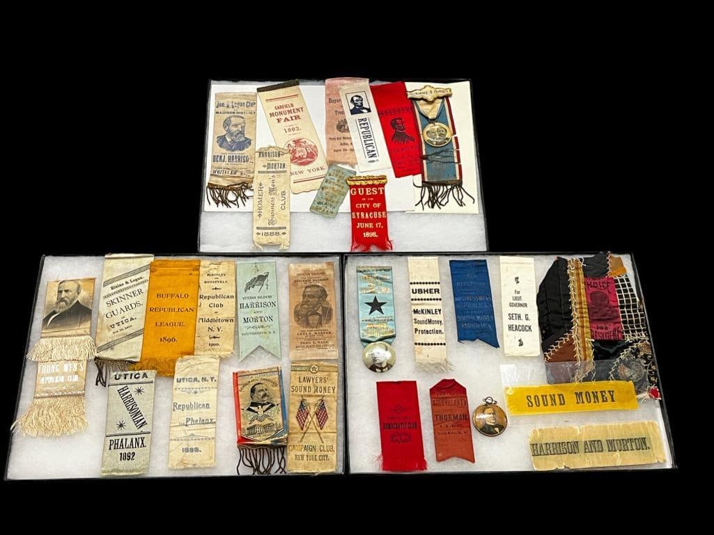 Late 1800's Commemorative Ribbons from NY: Late 1800's Commemorative Ribbons from NY including 1882 Garfield Monument Fair, 1896 Buffalo Republican League, McKinley & Hobart, Benjamin Harrison, Grover Cleveland and more. Approx. 29 pieces.