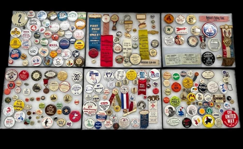 Buffalo NY and Vicinity Pins, Buttons etc: Buffalo NY and Vicinity Pins, Buttons etc. Including Sattlers, Advertising, Shea's, Queen City Shirt Company Ribbon, Civil Defense, Led Zeppelin, Ismailia, Lackawanna Diamond Jubilee and more.