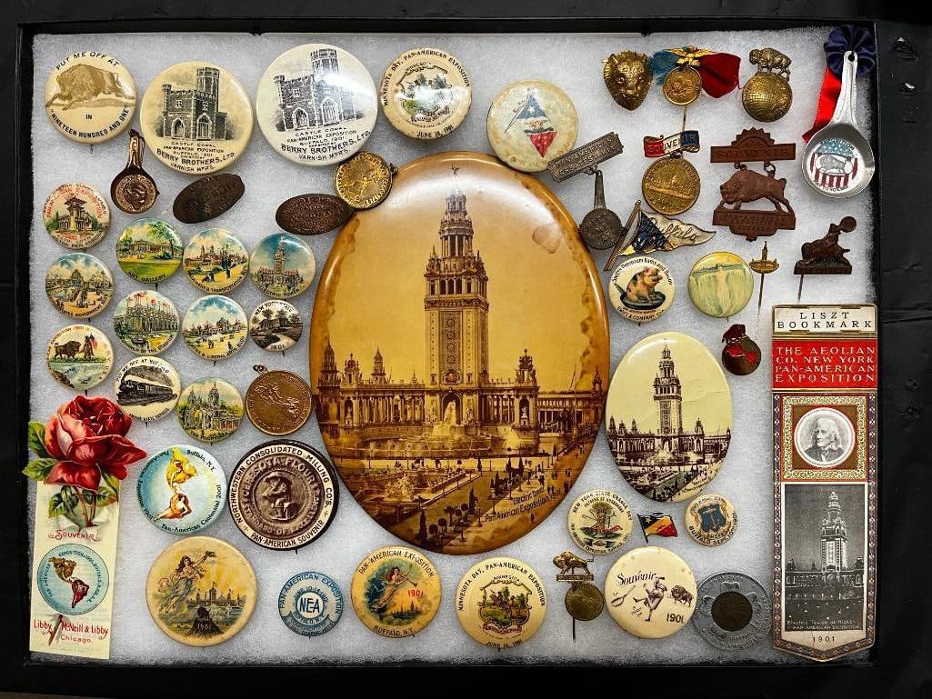 1901 Pan American Exposition Buffalo NY Pins etc: 1901 Pan American Exposition Buffalo NY Pins, Buttons and more. Approx. 48 pieces.