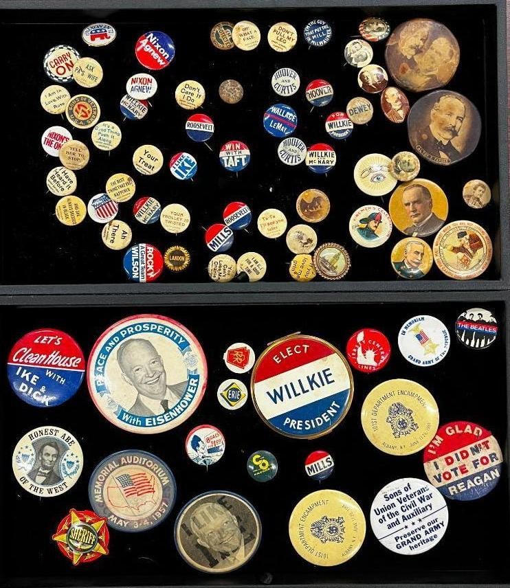Collection of Political Buttons: Collection of Political Buttons including Hoover, Mills, Nixon, IKE and more.