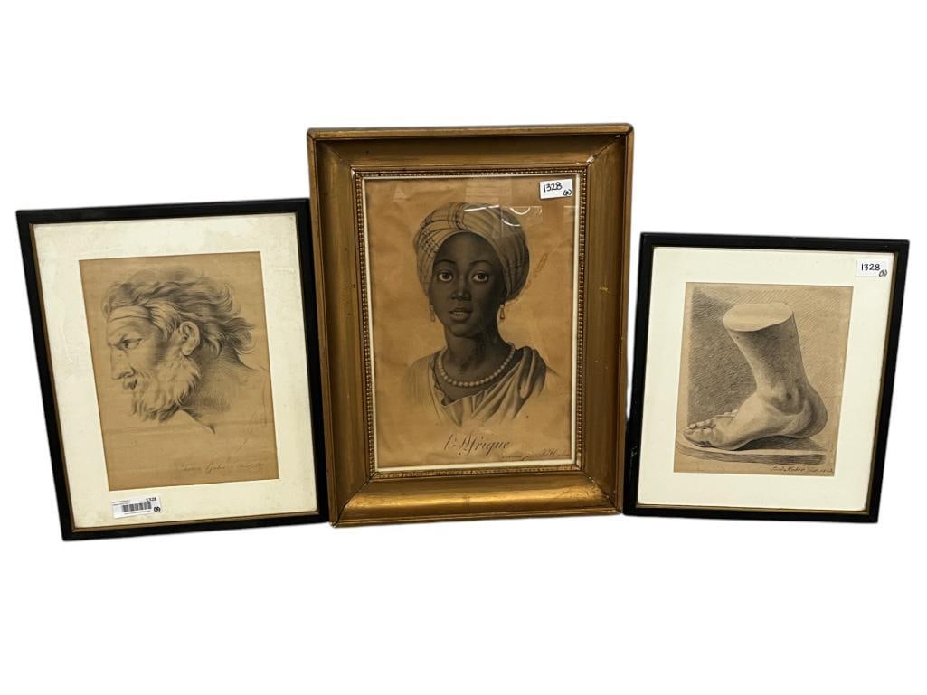 Fred Huber pencil drawings and print: Early 1800's Fred Huber pencil drawings and African Woman print. 3 pieces.