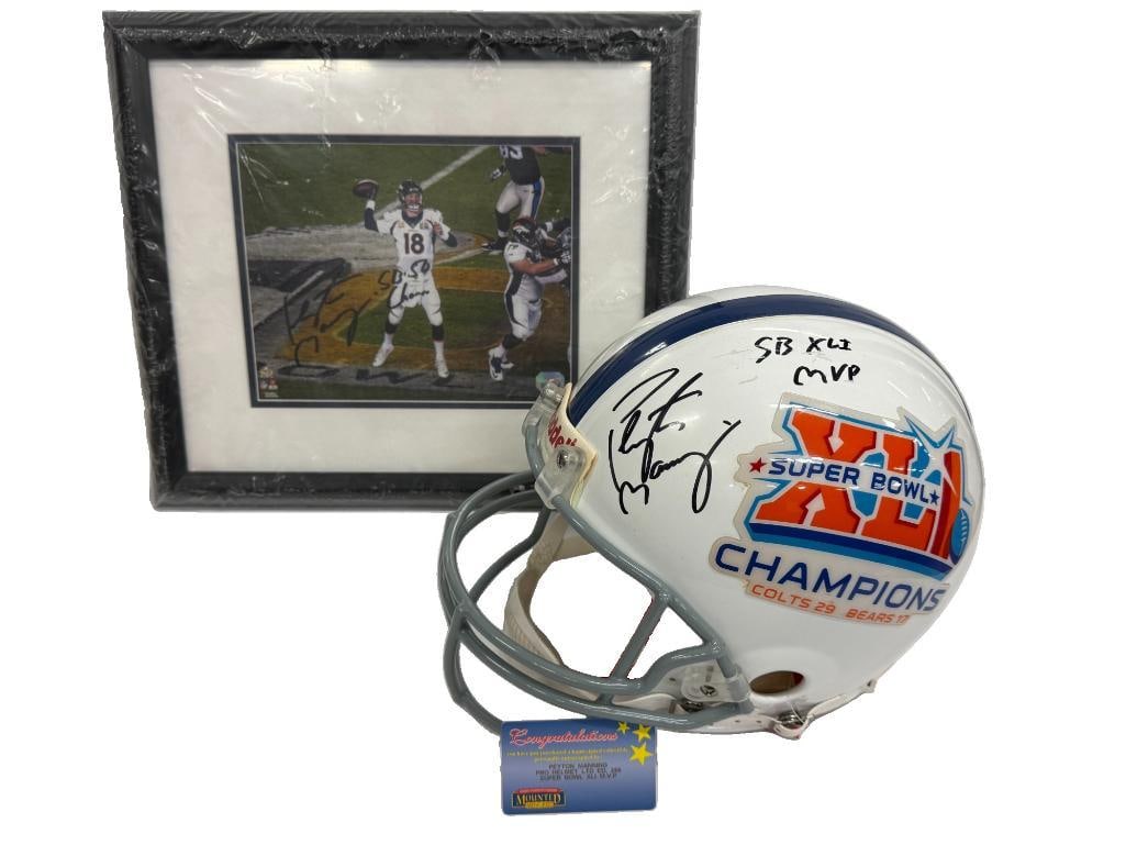 Peyton Manning Autographed Helmet and Photo: Peyton Manning Autographed Super Bowl Helmet number 46 of 250 and Autographed Photo. 2 pieces.