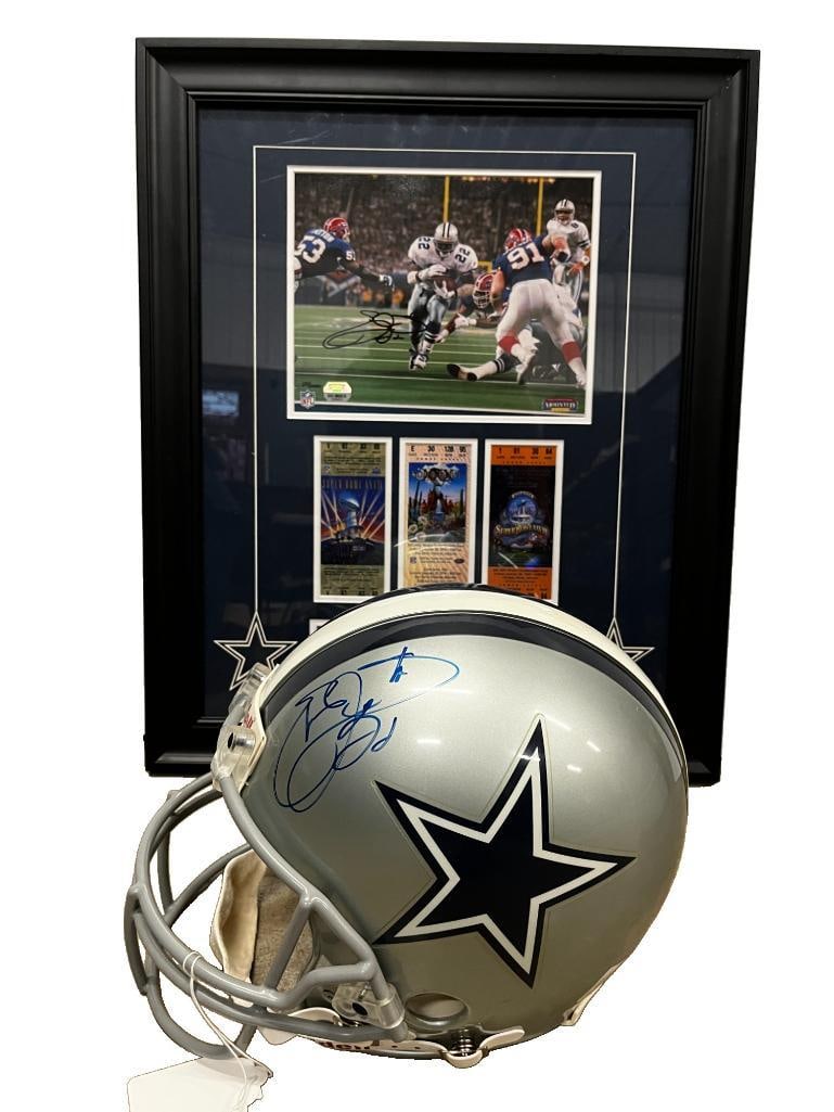 Emmitt Smith Autographed Photo and Helmet: Emmitt Smith Autographed Photo and Dallas Cowboys Helmet. With COA. 2 pieces.