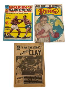 Baby Joe Mesi Autographed Gloves, Boxing Magazines etc: Baby Joe Mesi Autographed Boxing Gloves. 1950 The Ring Magazine, Cassius Clay I am the King and 1963 Boxing Illustrated Wrestling News Magazine. 5 pieces.