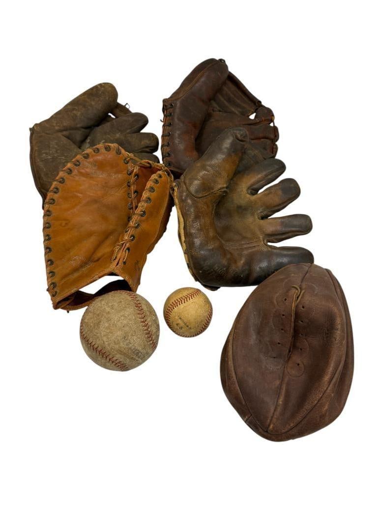 Vintage Baseball Gloves, Balls and Football: Vintage Baseball Gloves, Balls and Football. 7 pieces.