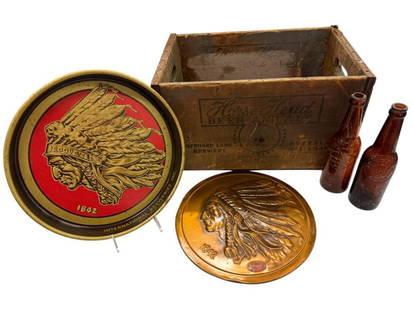 Iroquois Beer Tray and sign, Horse Head Beer Crate etc: Iroquois Beer Tray, Sign and Bottle. Horse Head Beer Crate with German American Buffalo NY bottle. 5 pieces.