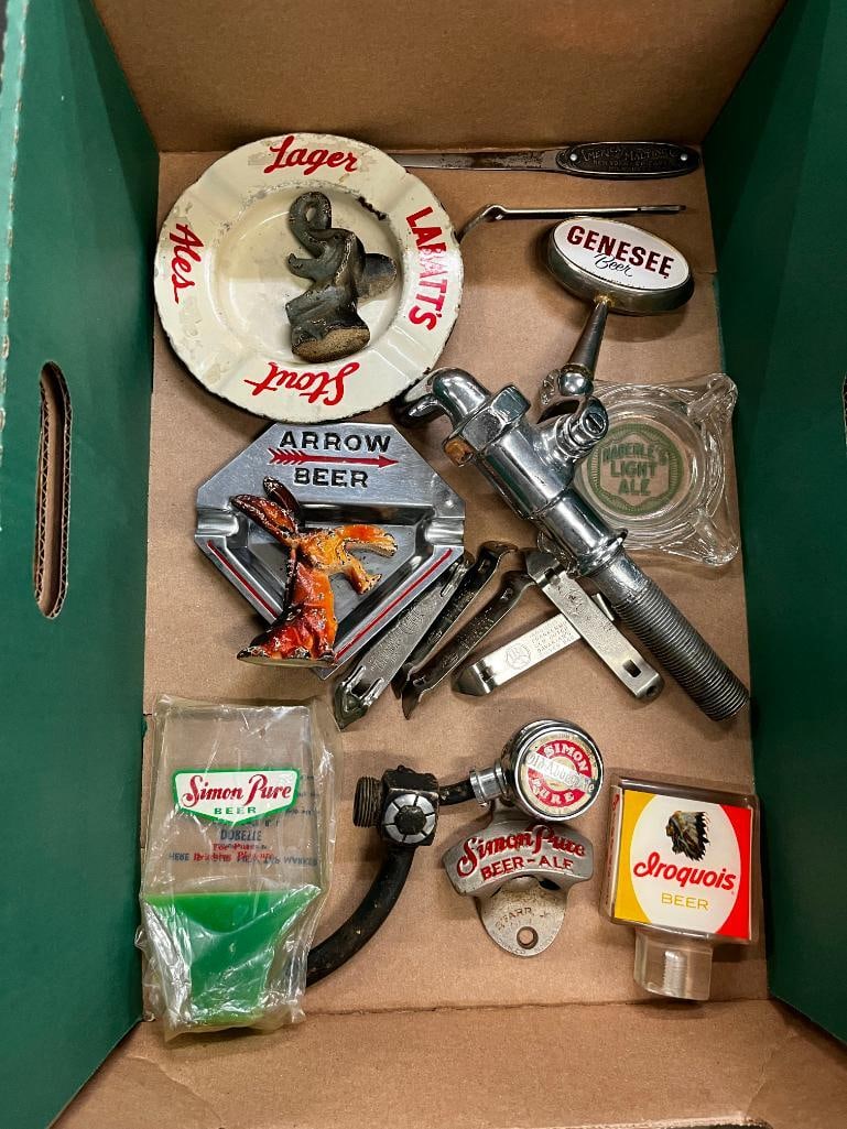 Beer Taps, Openers, Ashtrays etc: Beer Taps, Openers, Astrays etc. Including Simon Pure Knob, Iroquois Beer Tap, Arrow Beer ashtray and more. Approx. 16 pieces.