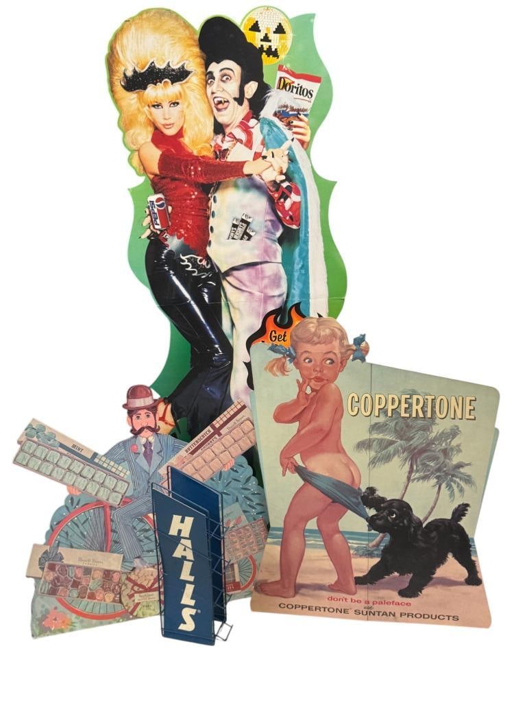 Coppertone, Russell Stover, Doritos Advertising etc: Coppertone, Russell Stover, Doritos/Pepsi/Hershey's Halloween Advertising Cutouts and Halls Cough Drop Rack. 4 pieces.