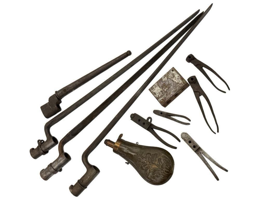 Bullet Molds, Powder Flask and Bayonets: Bullet Molds, Powder Flask and Bayonets. 11 pieces.