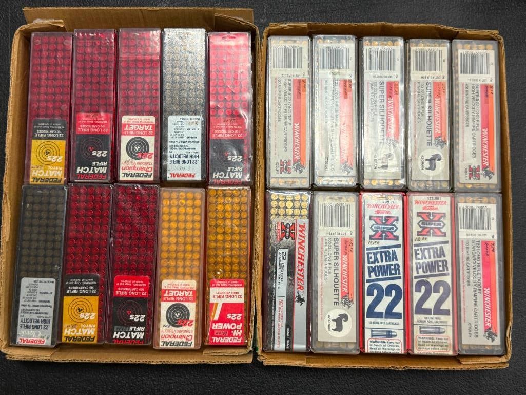 .22 Cartridges Approx. 2,000 rounds: .22 Ammunition Approx. 2,000 rounds by Winchester, Federal, etc