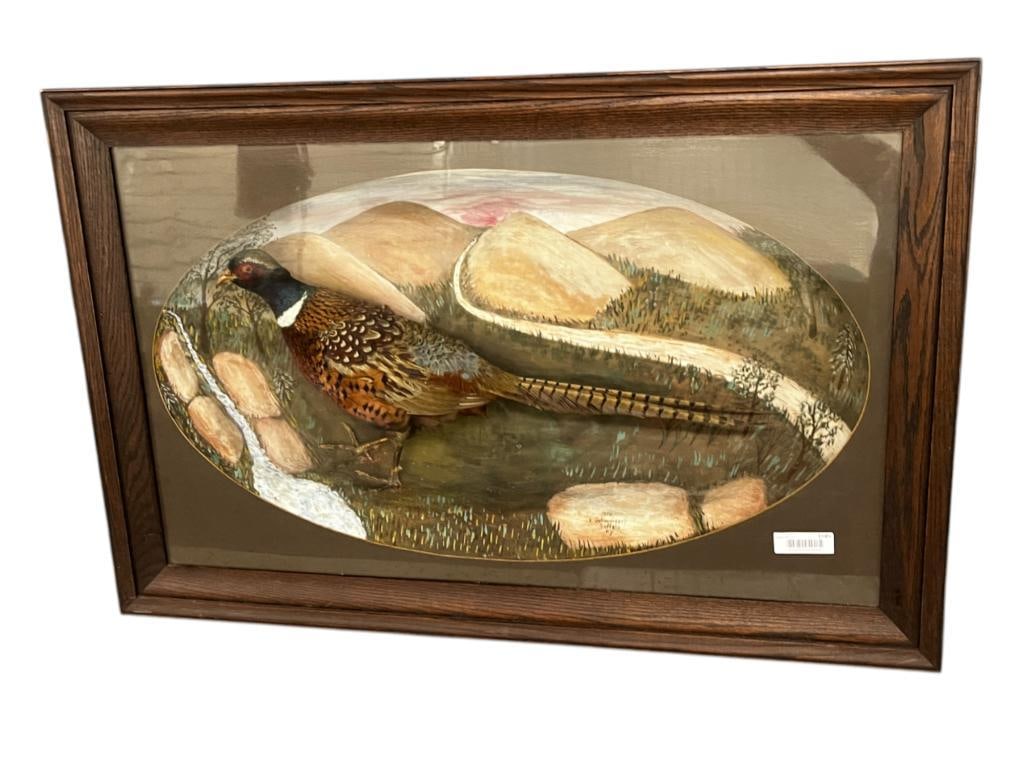 E. Schmeisser signed Pheasant Under Glass: E. Schmeisser 1926 Buffalo NY signed Pheasant Taxidermy Under Glass. Approx. 27 x 41 x 8 inches.