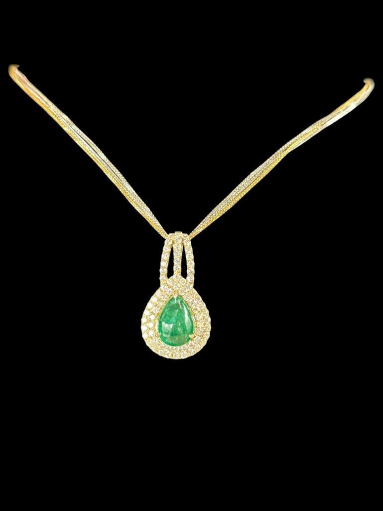 14k Gold Emerald and Diamond Pendant with chain (1 of 9)